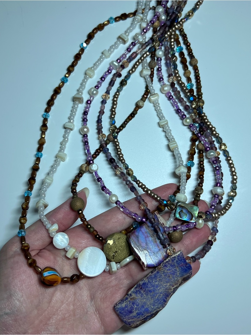6 Handcrafted Beaded Necklaces in Various Colors and Lengths Purple Brown White